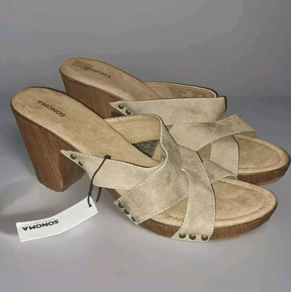Sonoma Sneeva Taupe Size 11M Sandals Faux Leather Block Heel Mule NWT SB5#15